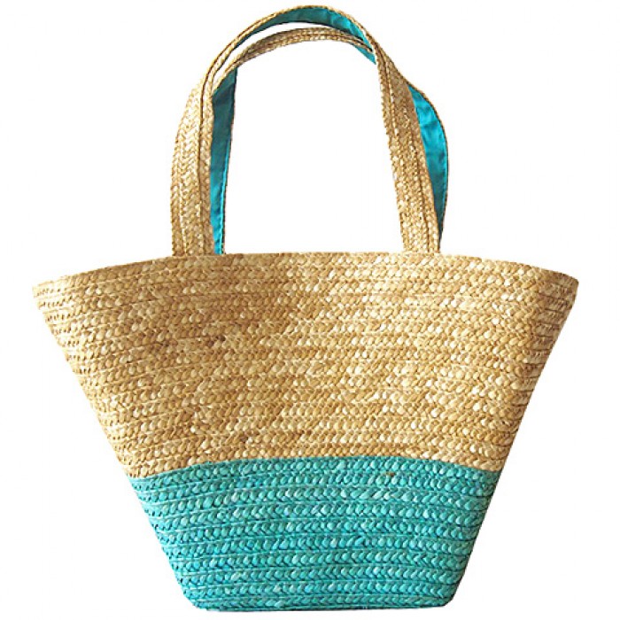 Straw Tote: Woven Wheat Straw Tote - 2 Tones - Turquoise - BG-R11052TQ